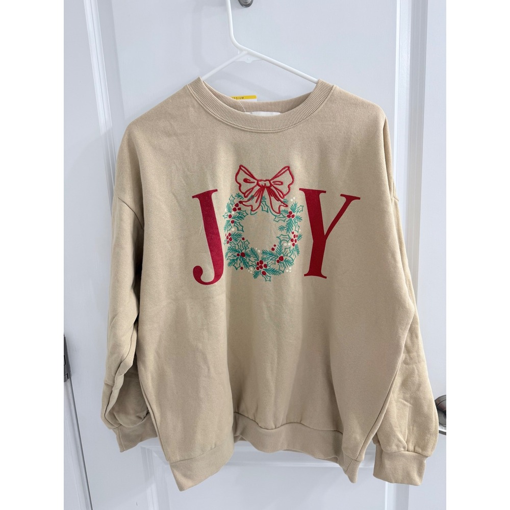 State of Mine JOY Christmas Wreath Sweatshirt Tan Beige Holiday Pullover Medium